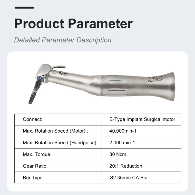 Dental Low Speed Handpiece 20:1 Reduction Implant Surgery Contra Angle Handpiece Push Button Air Turbine Dentistry Instrument