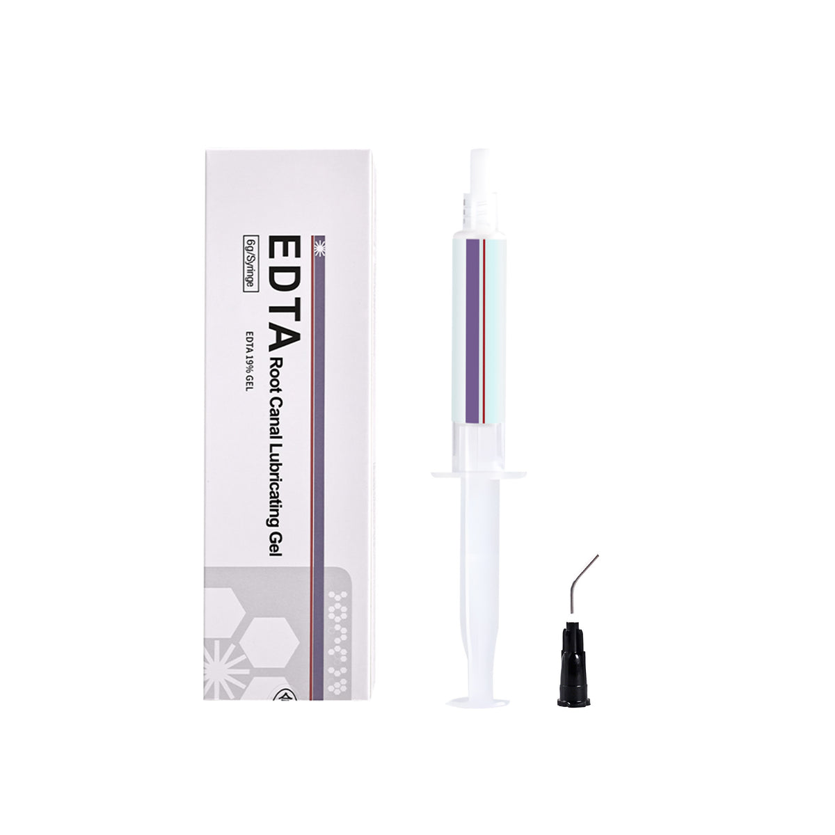 Side view of EDTA gel syringe and packaging box