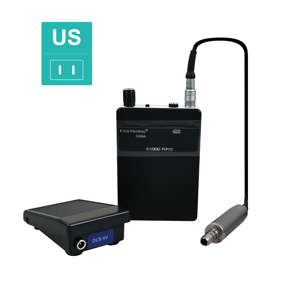 45 degree oblique view of compact portable dental polisher