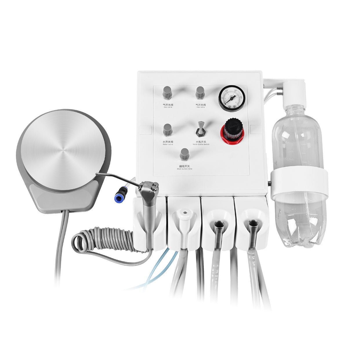 Wall hanging portable dental air turbine unit with foot pedal, white background