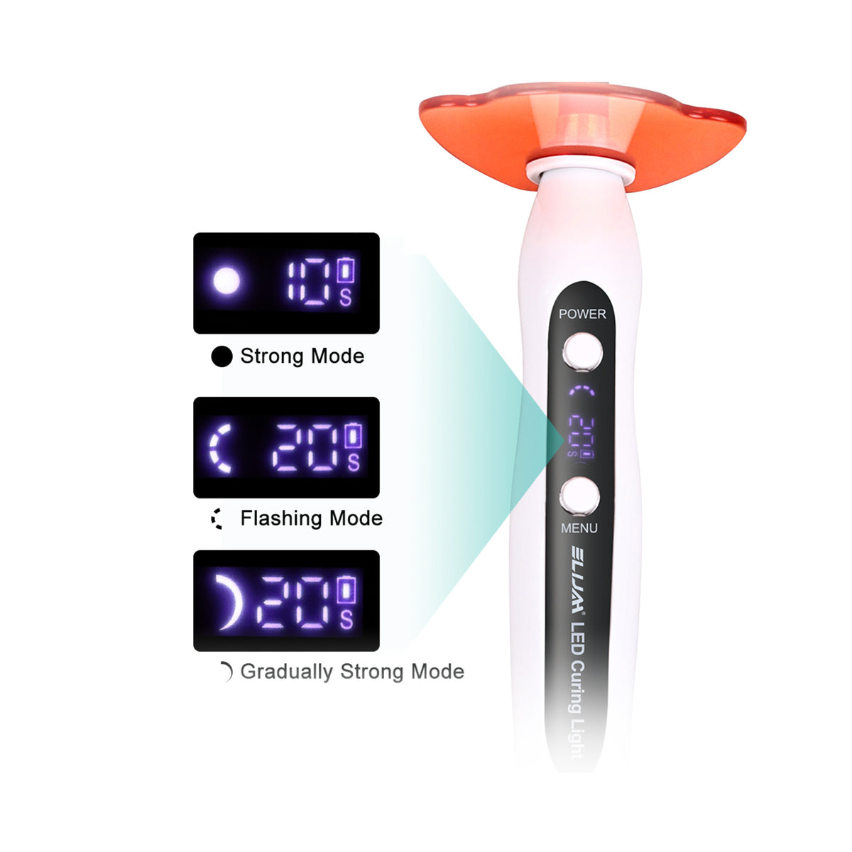 Control screen close‑up showing 5s curing time mode