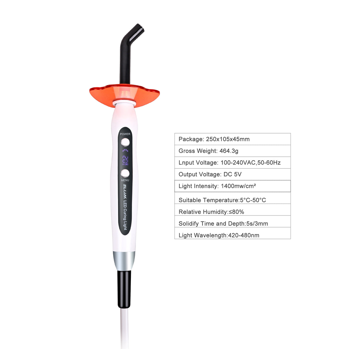 Specification chart for built‑in 5s embedded dental curing light
