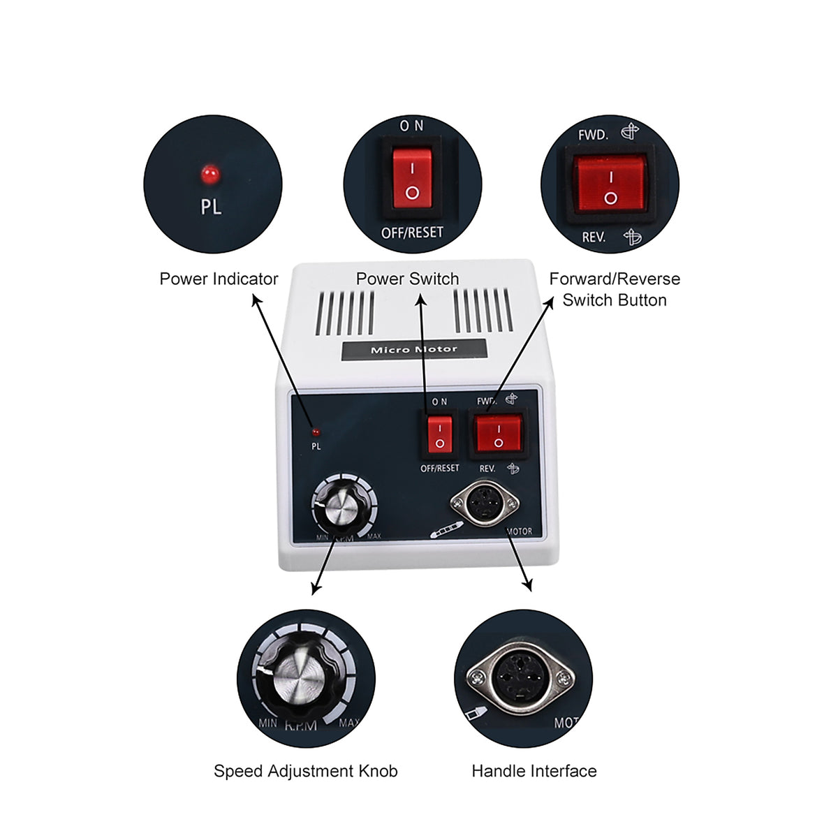 Speed and rotation control panel closeup of dental electric motor host