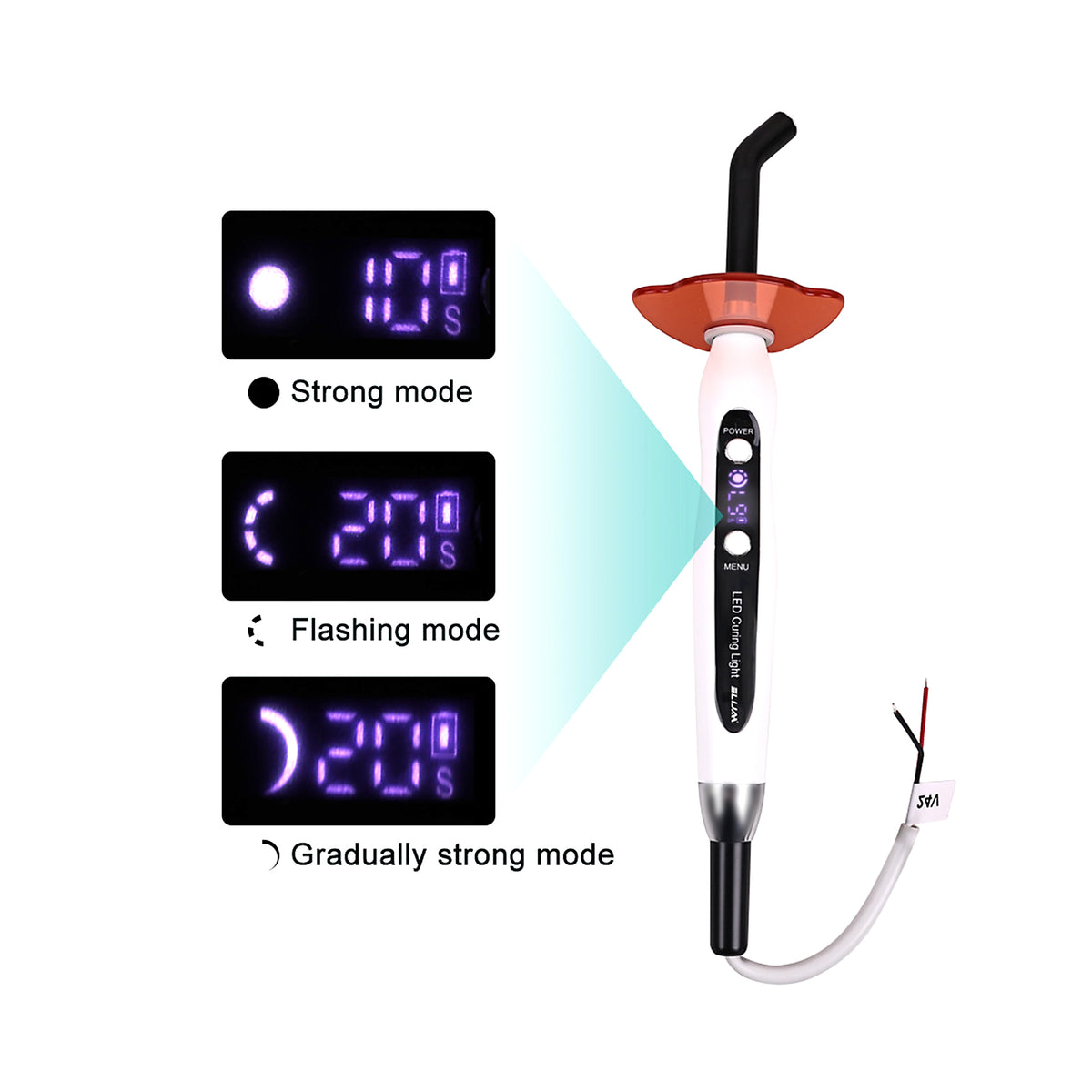 Control display screen closeup of built-in dental curing lamp, showing timer and working modes
