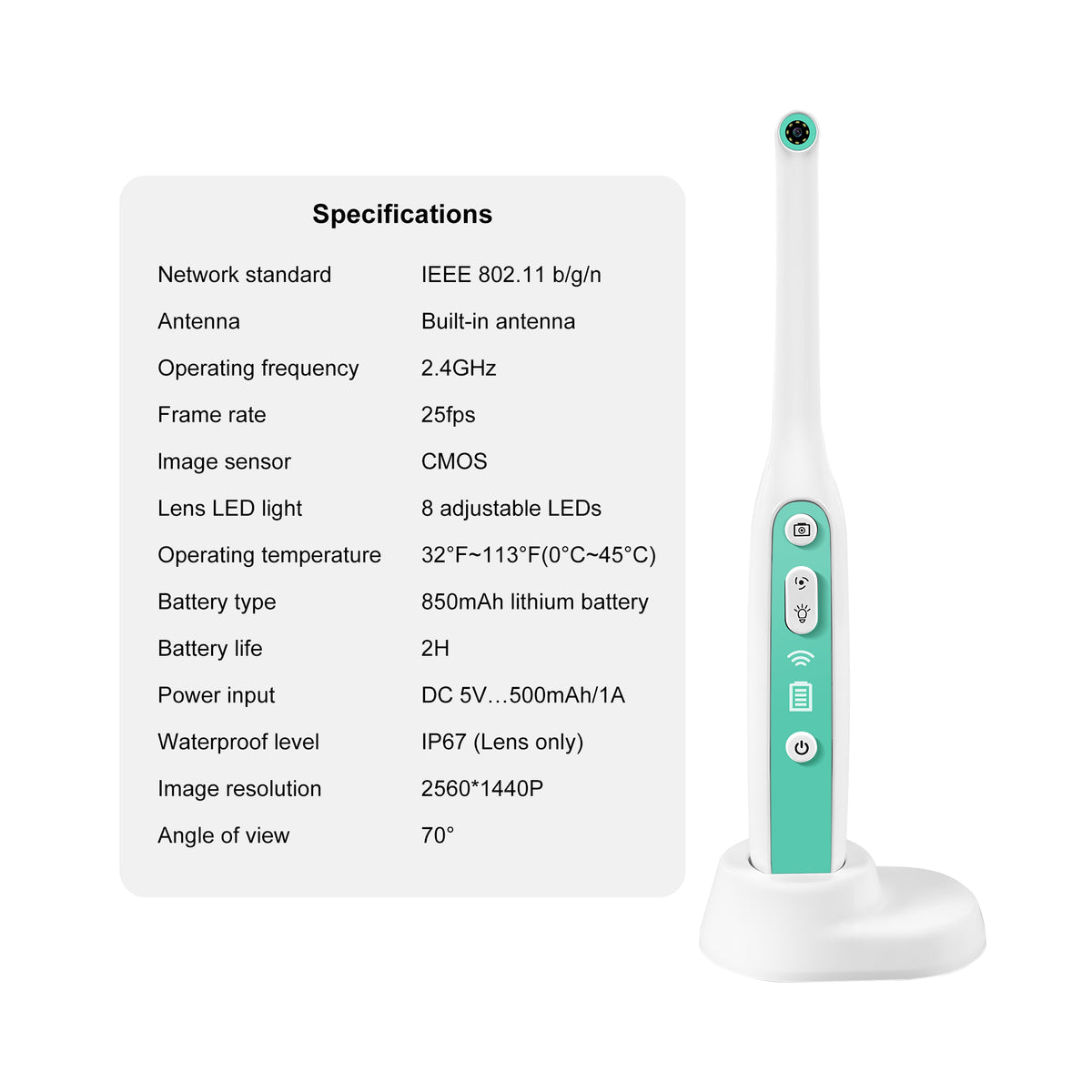 Technical parameter infographic of 2MP dental intraoral camera