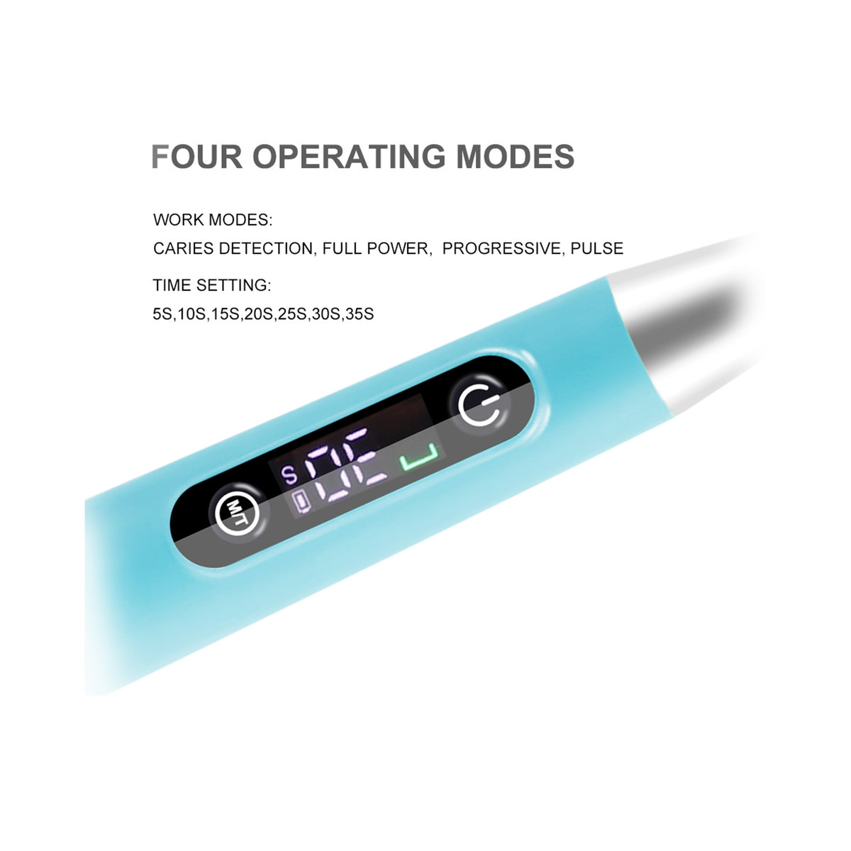 Display screen closeup showing cure mode and caries detection mode switching interface