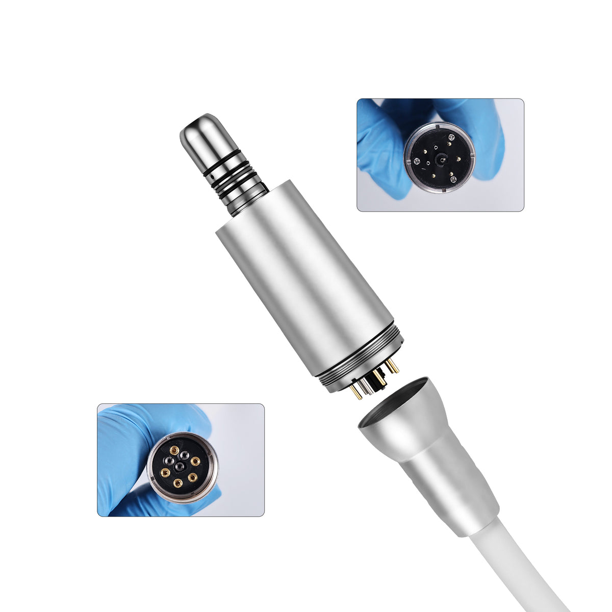 Connector detail between host and LED handpiece of dental motor