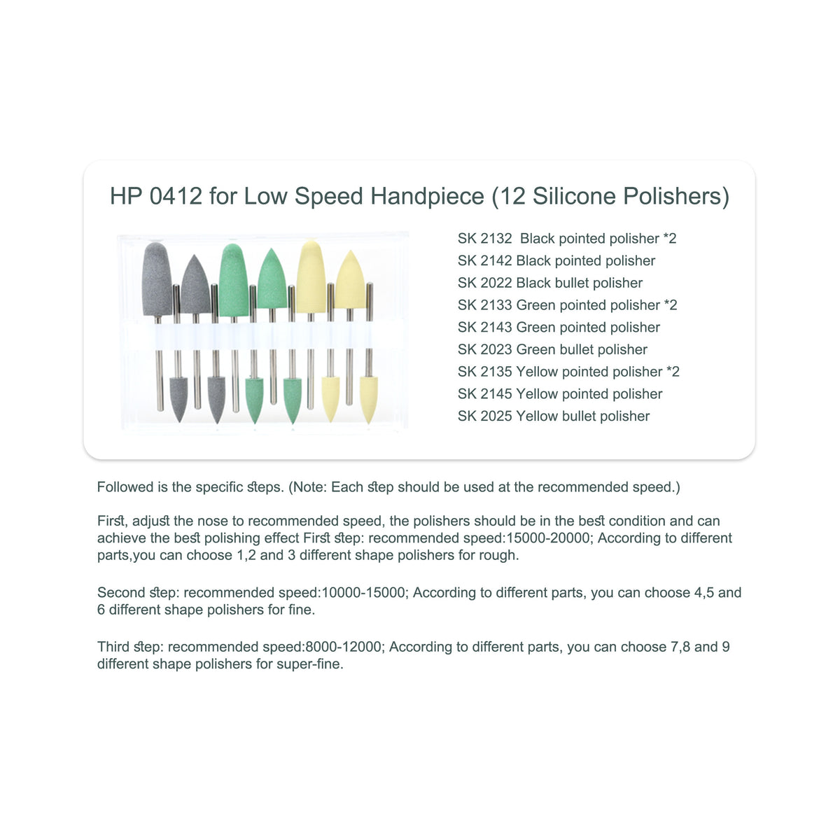 Parameter marking diagram for 12pcs dental polishing kit
