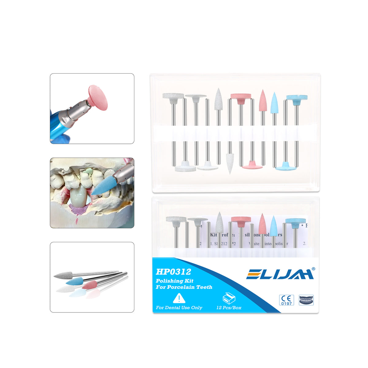 Close-up of diamond silicone polishing heads for porcelain crown