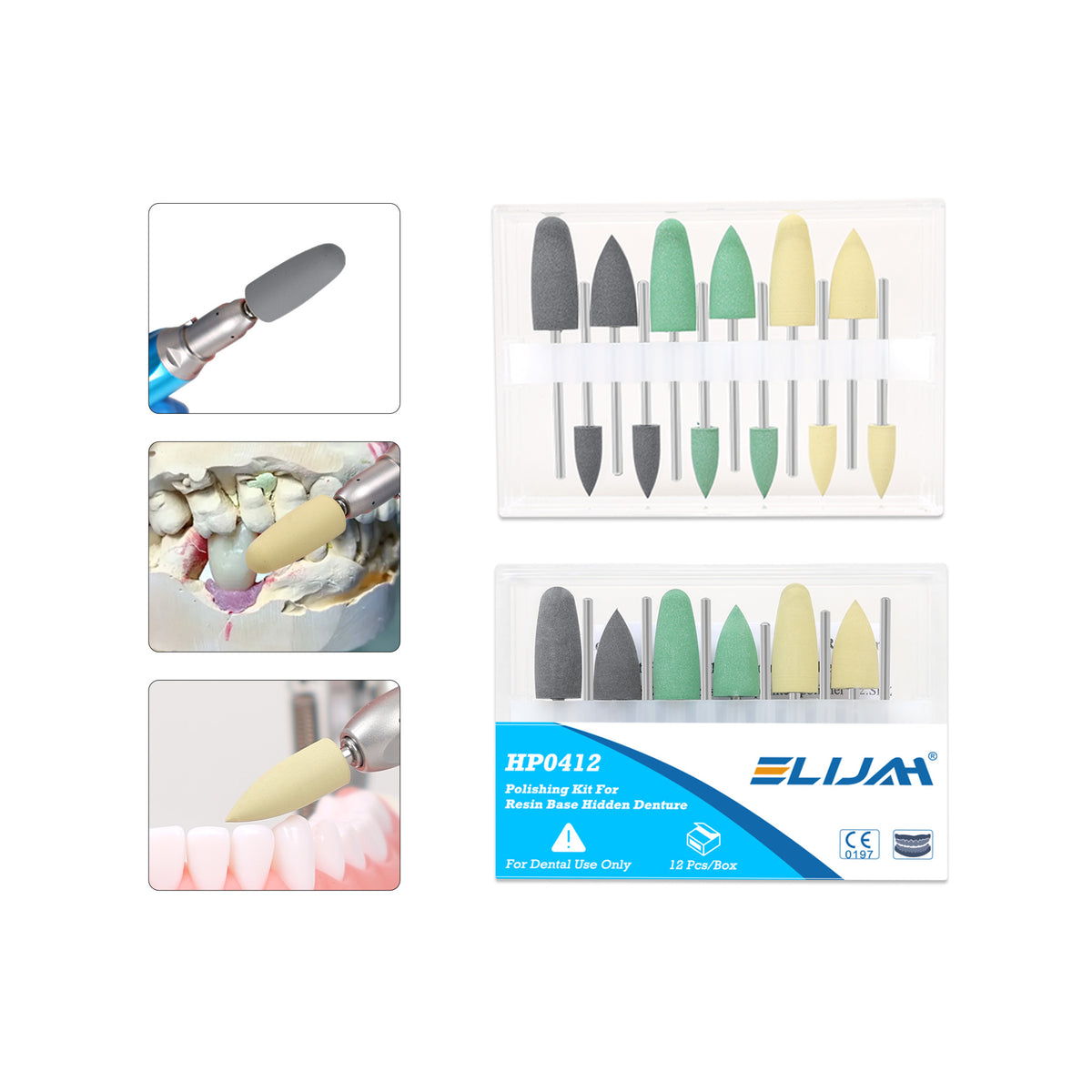 Close-up of multi-color silicone polishing heads for resin denture