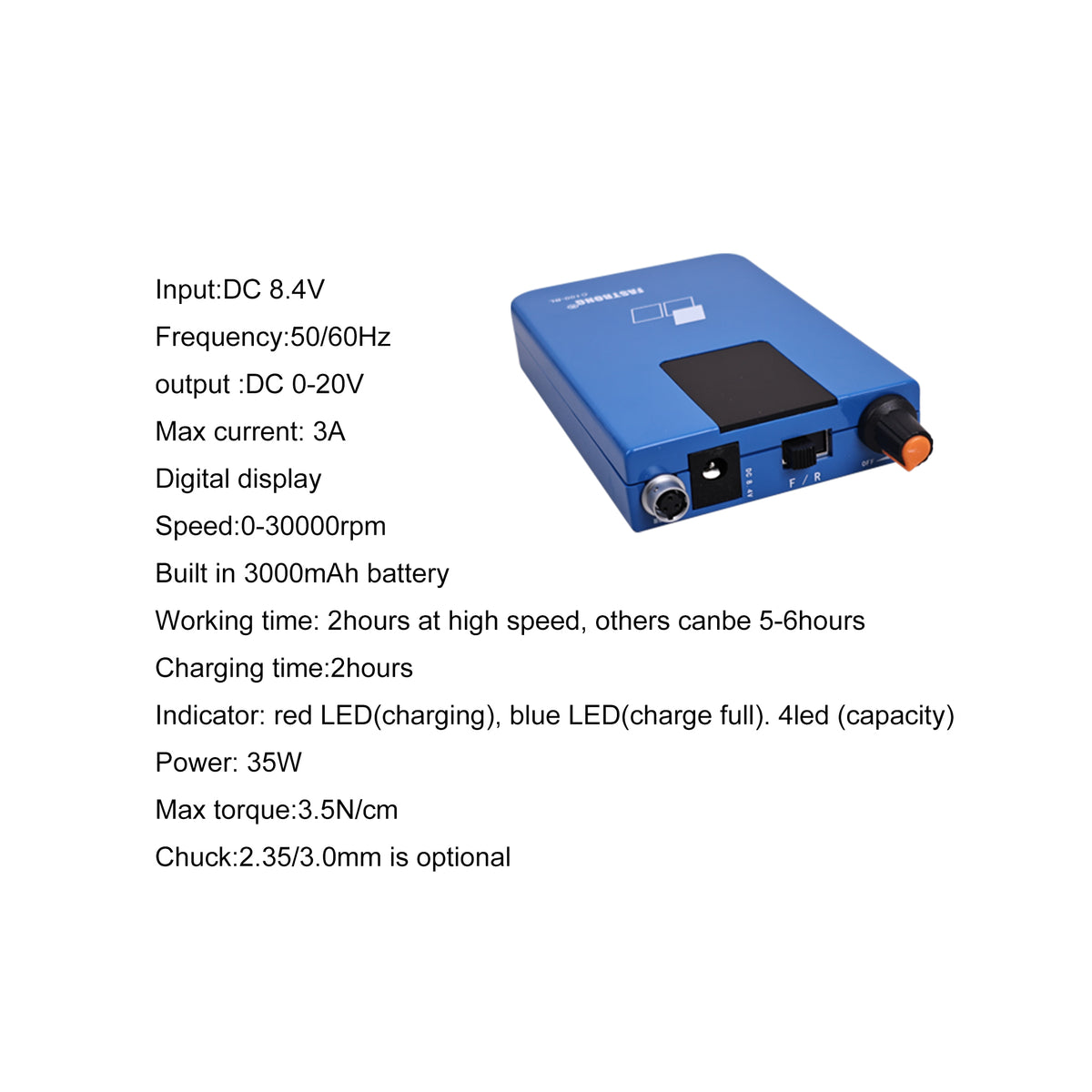 Specification infographic of high-performance dental portable micromotor