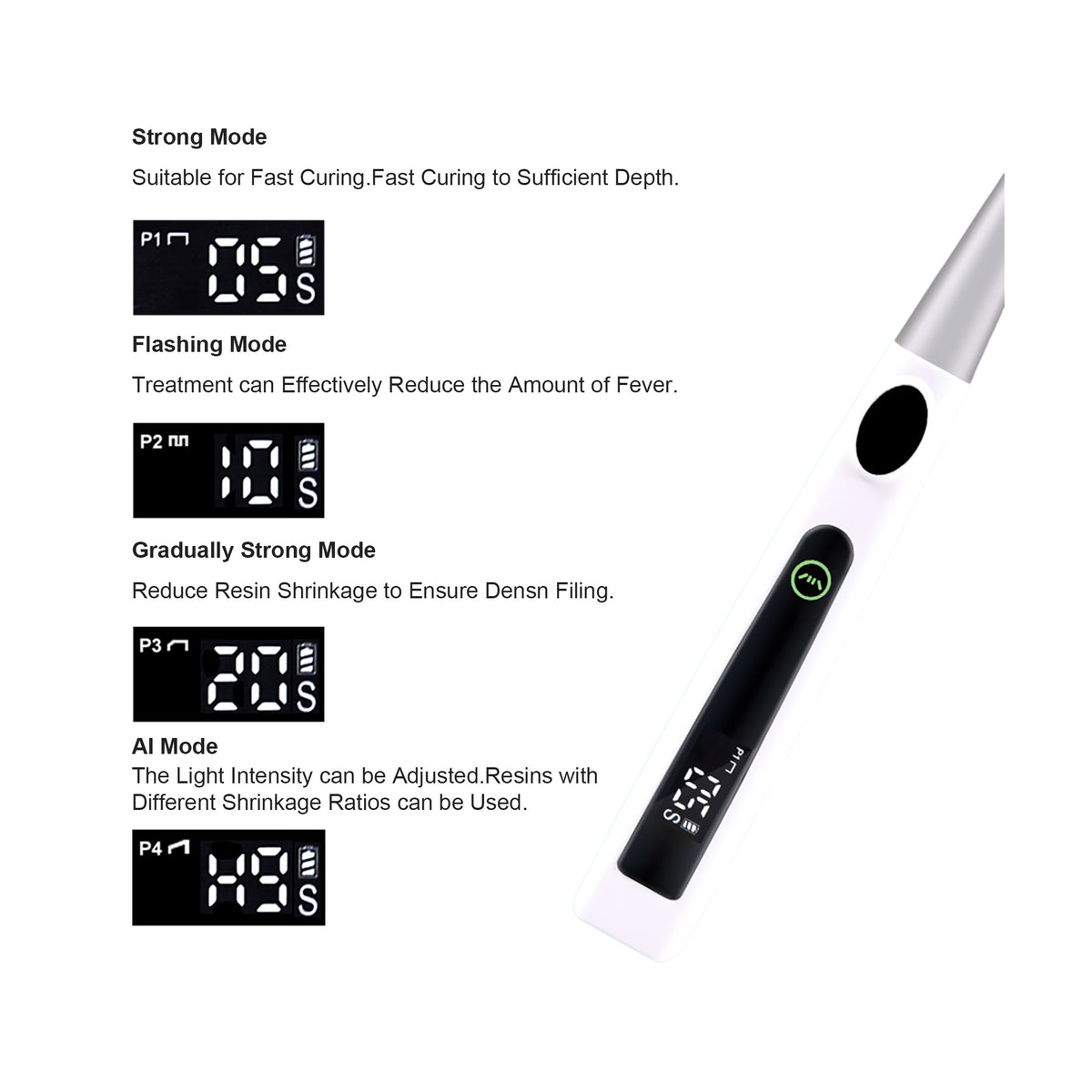 Digital display screen closeup showing working modes, timer and battery status of wireless curing lamp