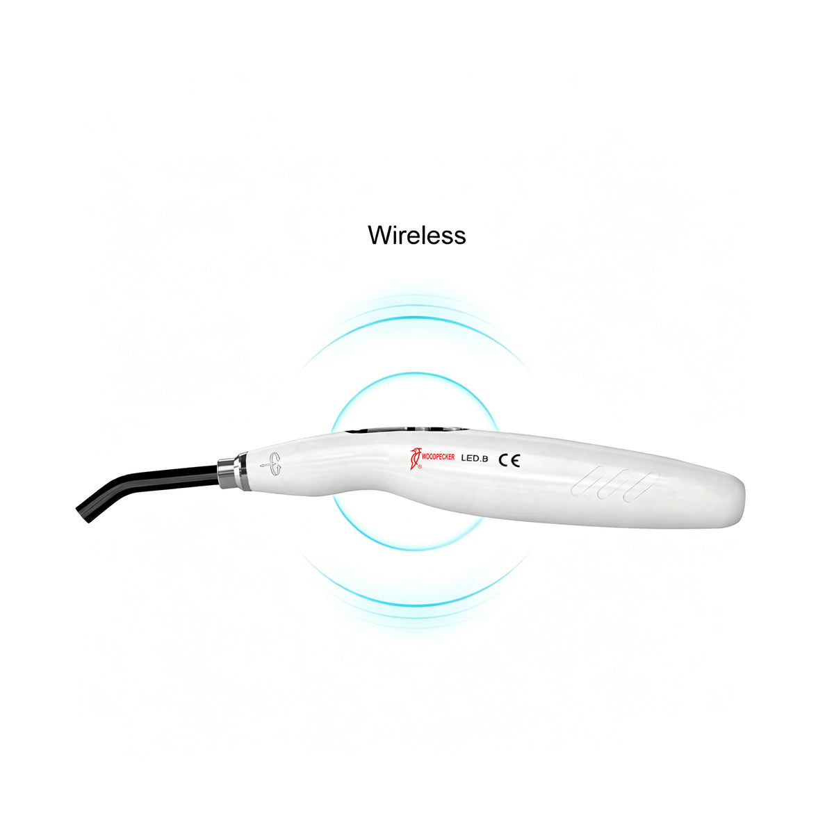 Ergonomic side profile of cordless wireless dental curing light, lightweight non-slip handheld design