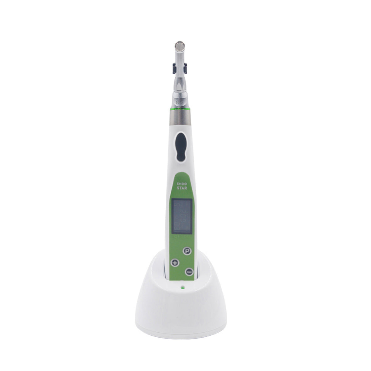 Wireless dental LED 16:1 endo‑motor on charging base white background