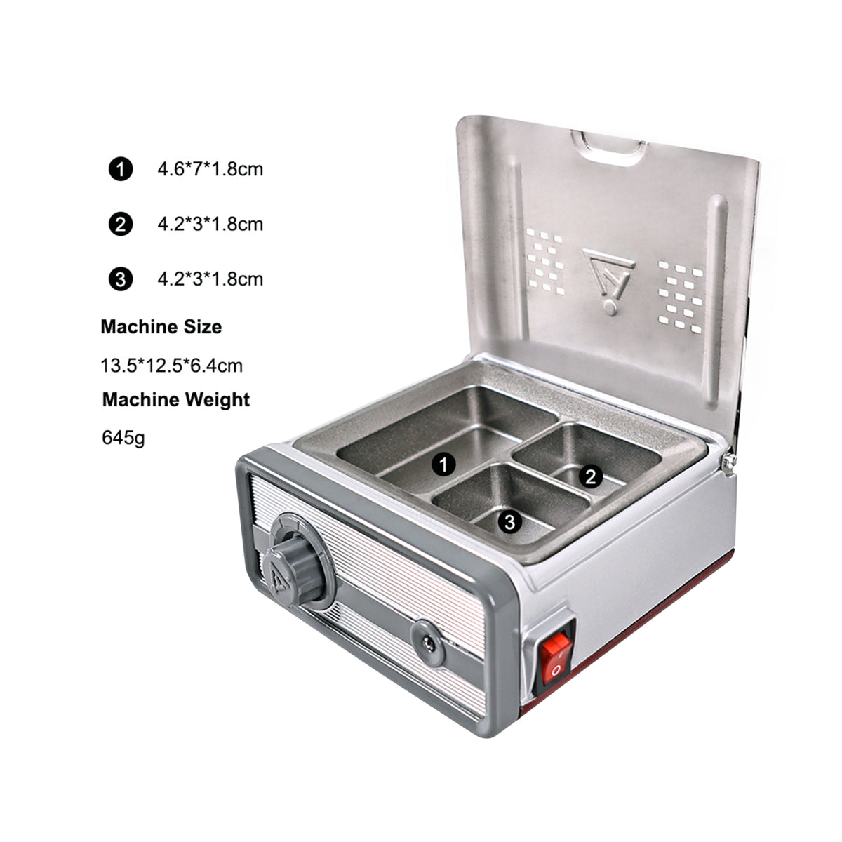 Specification infographic for dental 3‑slot wax heater