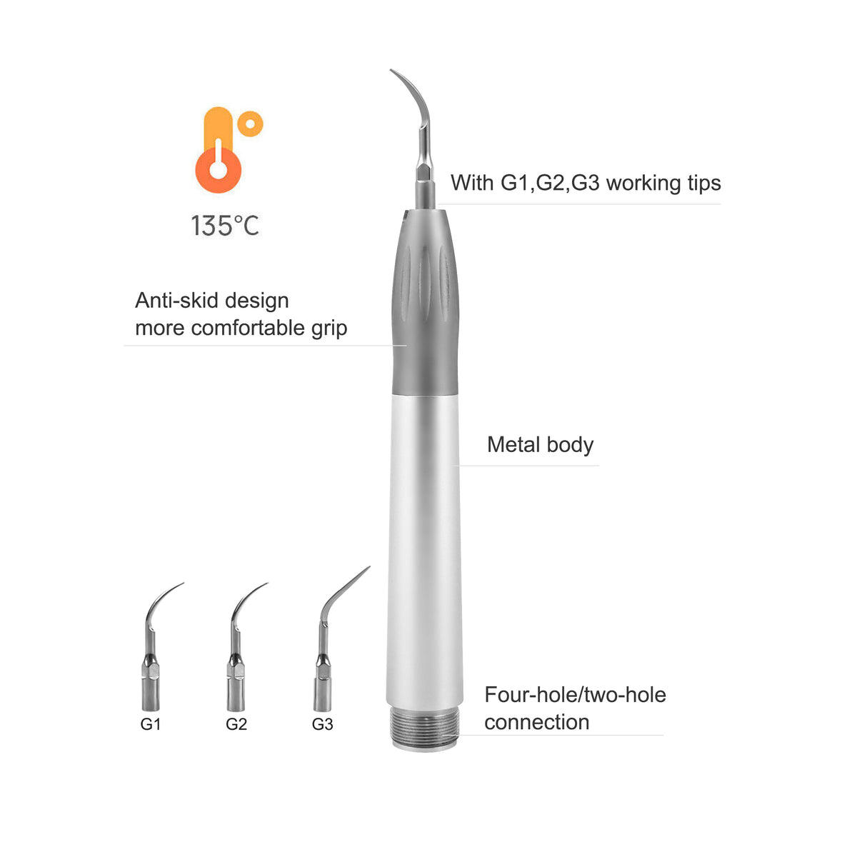 Air scaler handpiece metal body texture close‑up