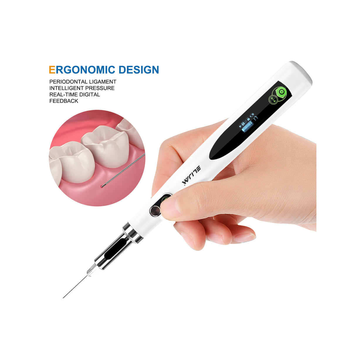 Dentist using electric anesthetic injector for patient local anesthesia clinical scene