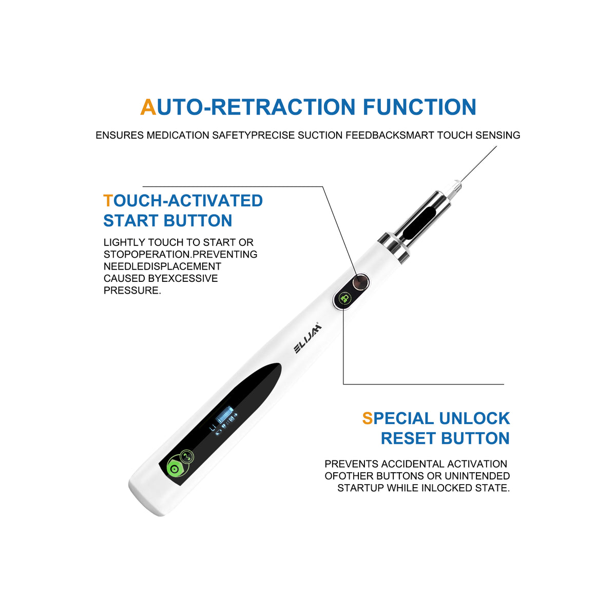 Safety lock button detail on electric anesthetic injector pen body
