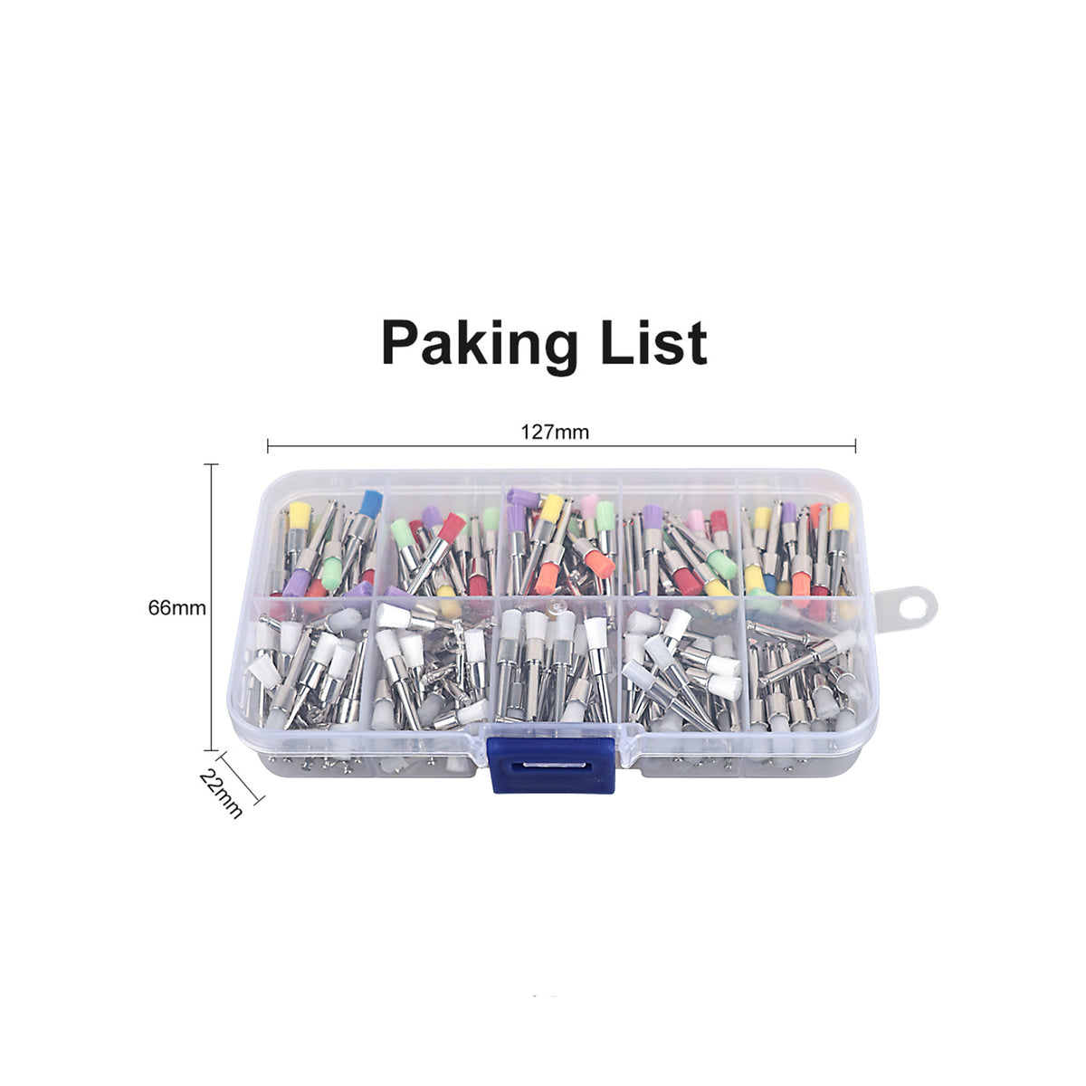 Product parameter label on plastic storage box of prophy brushes
