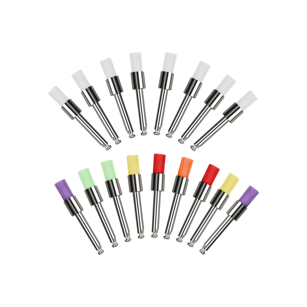 Multiple shapes of RA dental prophy brushes: cup, flat, tapered