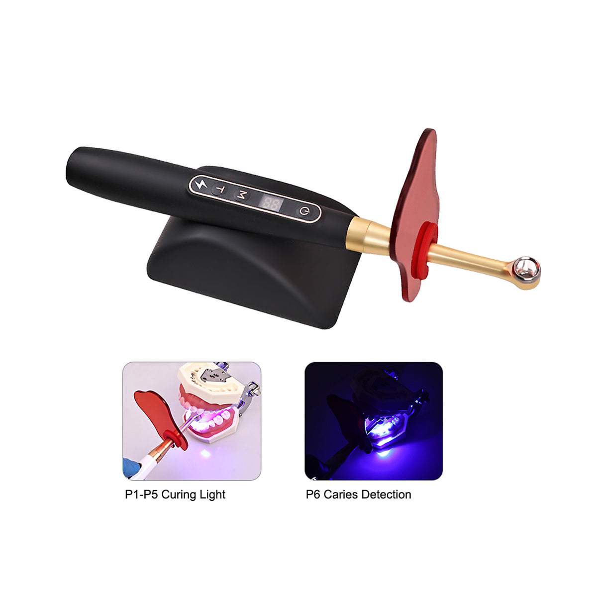 Dentist using 1s wireless curing light for composite resin restoration in dental clinic