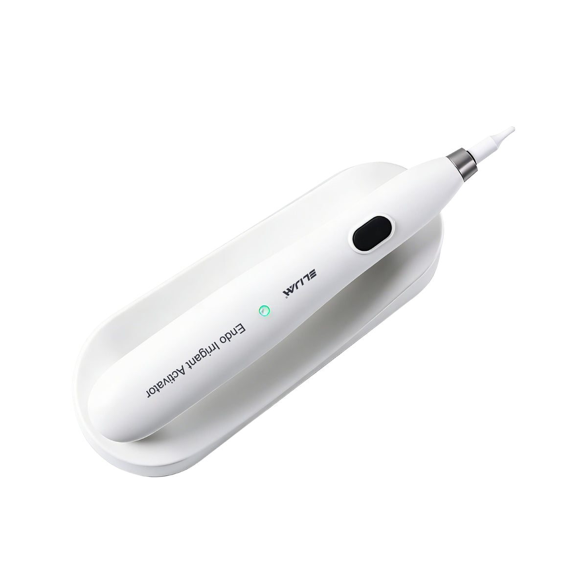 Close‑up of one‑button control on endo irrigator handpiece