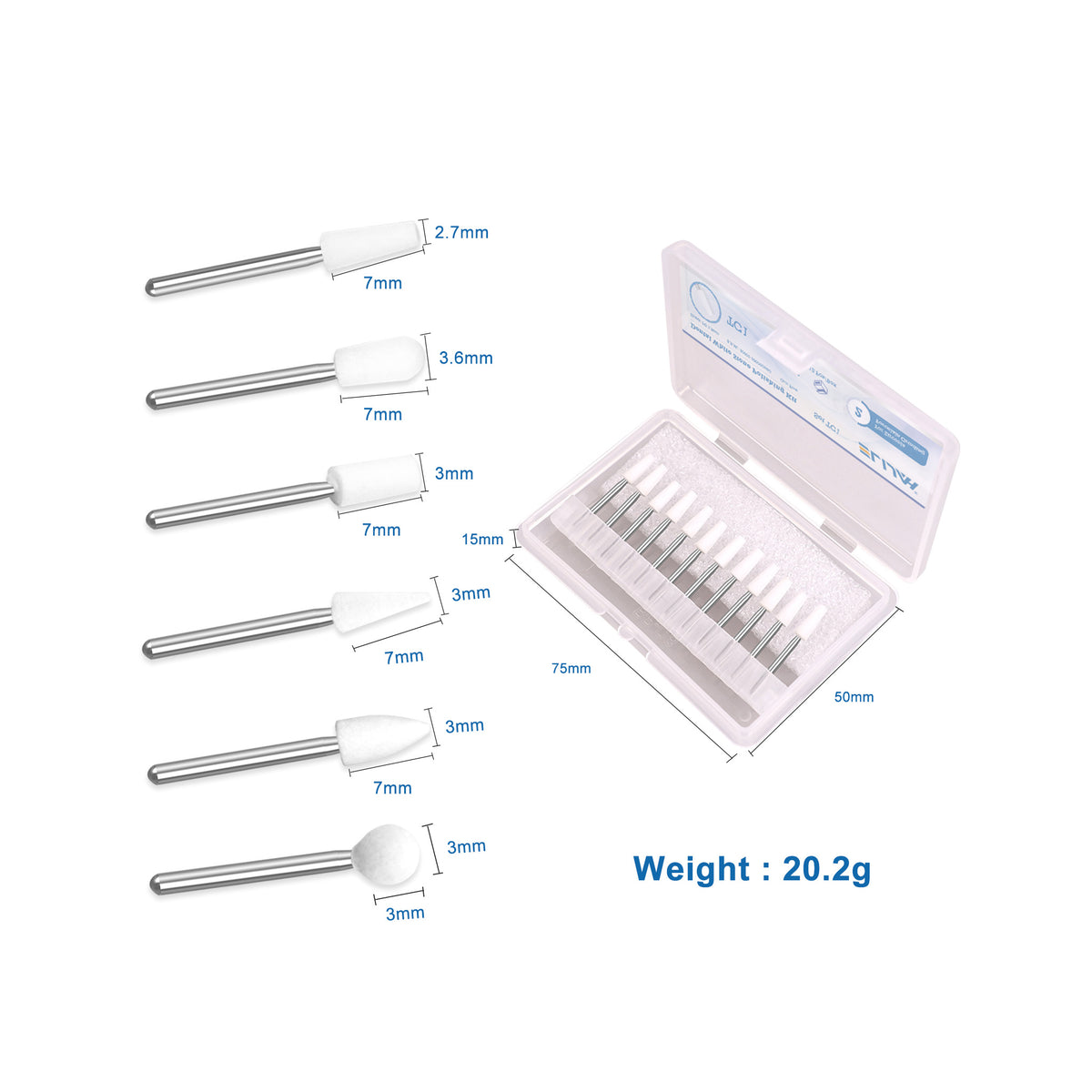 6 shapes dental white stone grinding head comparison chart