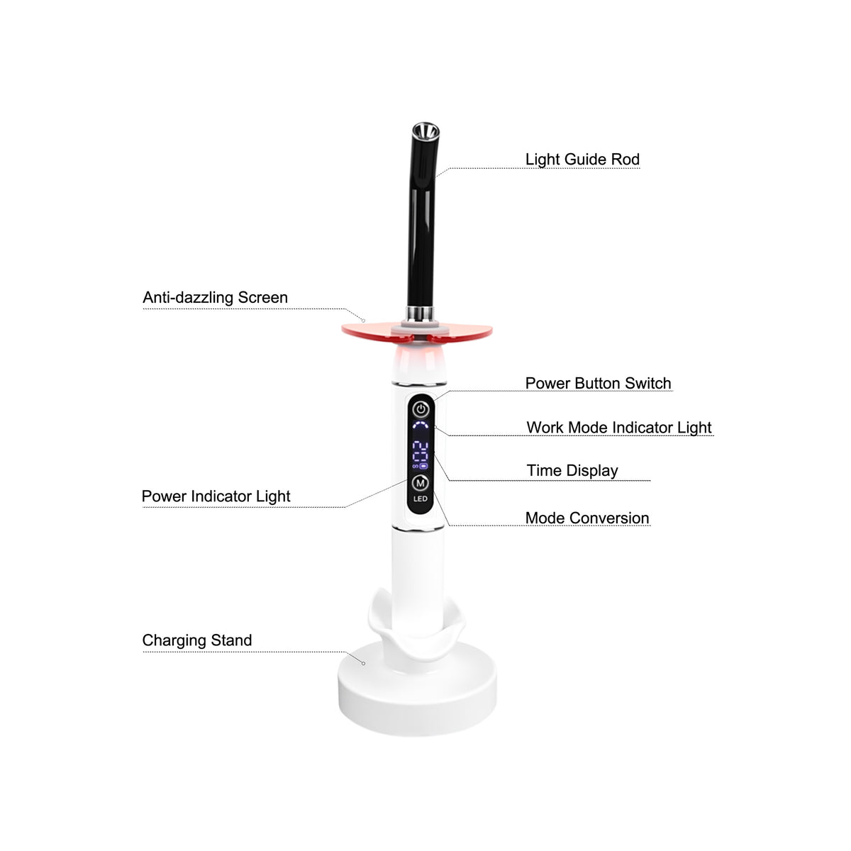 Dental 1s LED curing light side angle shot metal handpiece