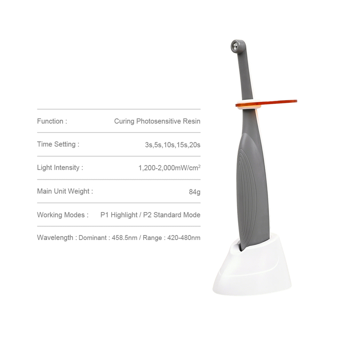 Key selling‑point infographic for ergonomic dental LED curing light