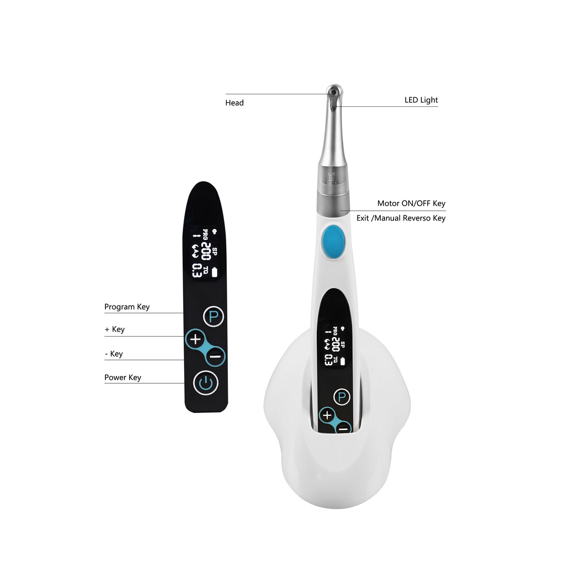 Digital LCD screen and button detail of wireless endo motor
