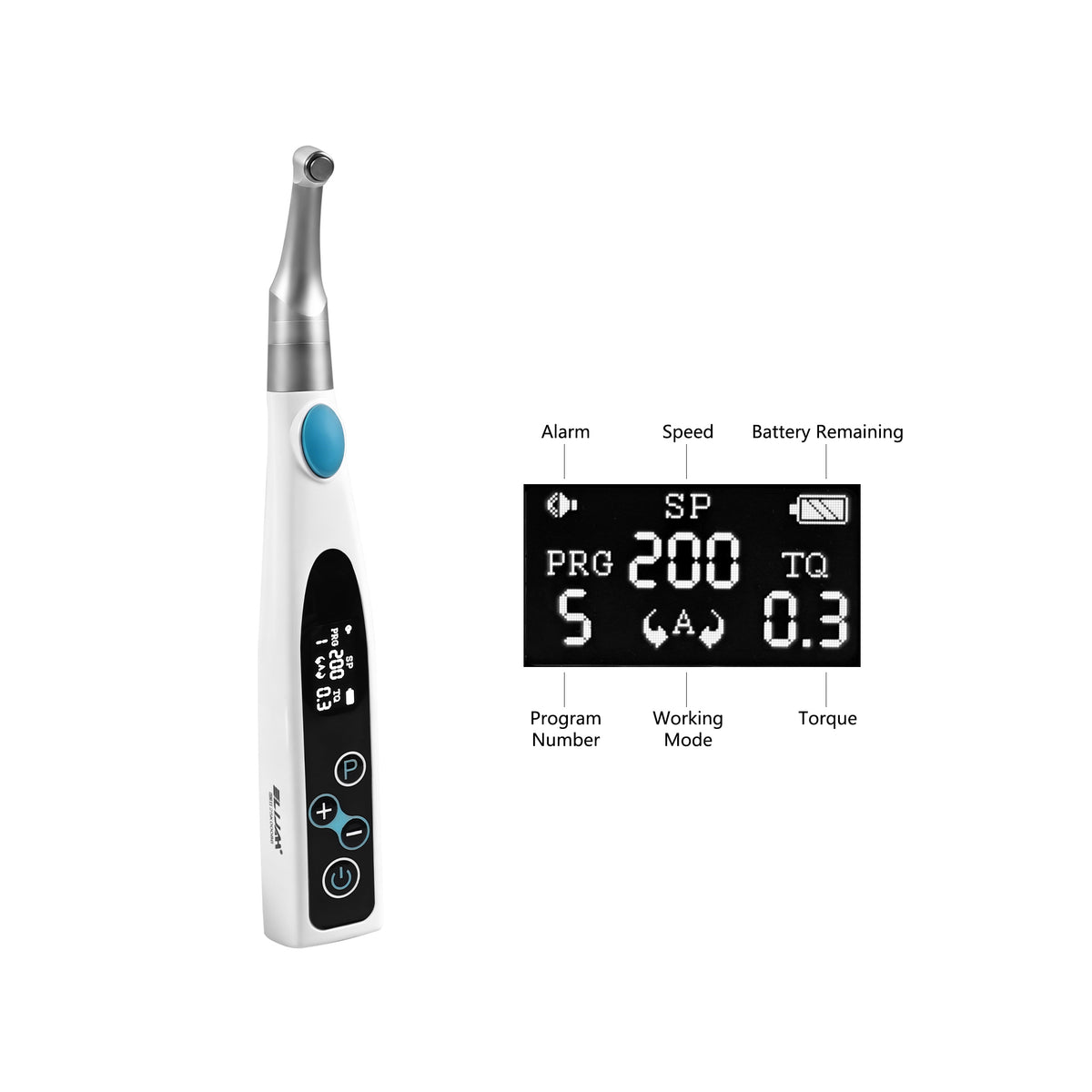 Digital LCD screen and button detail of wireless endo motor	