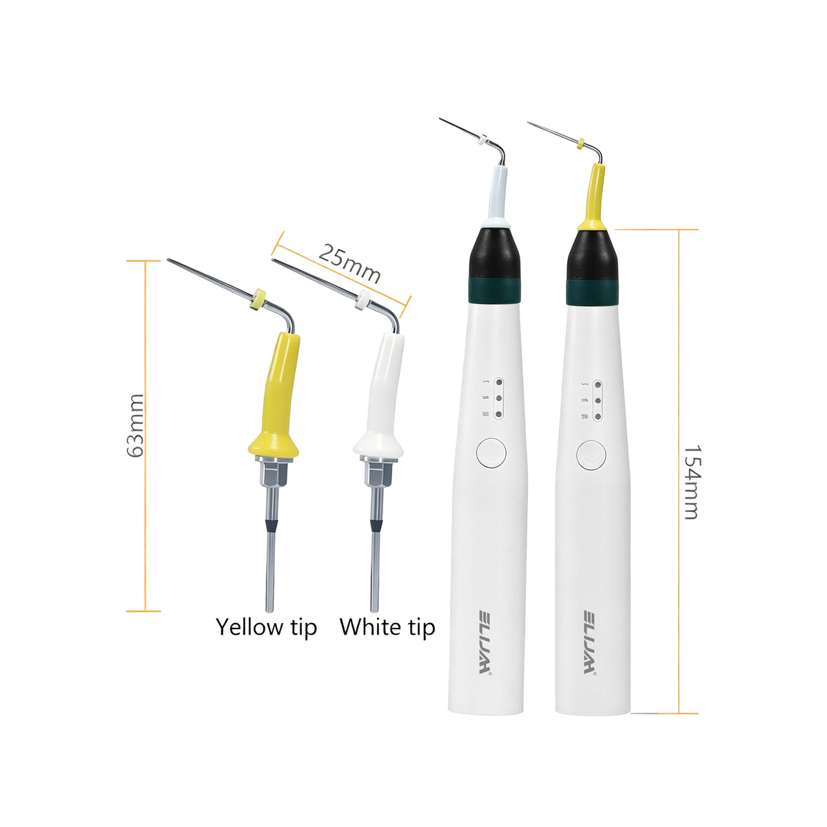 Obturation pen with yellow white tip dimension drawing