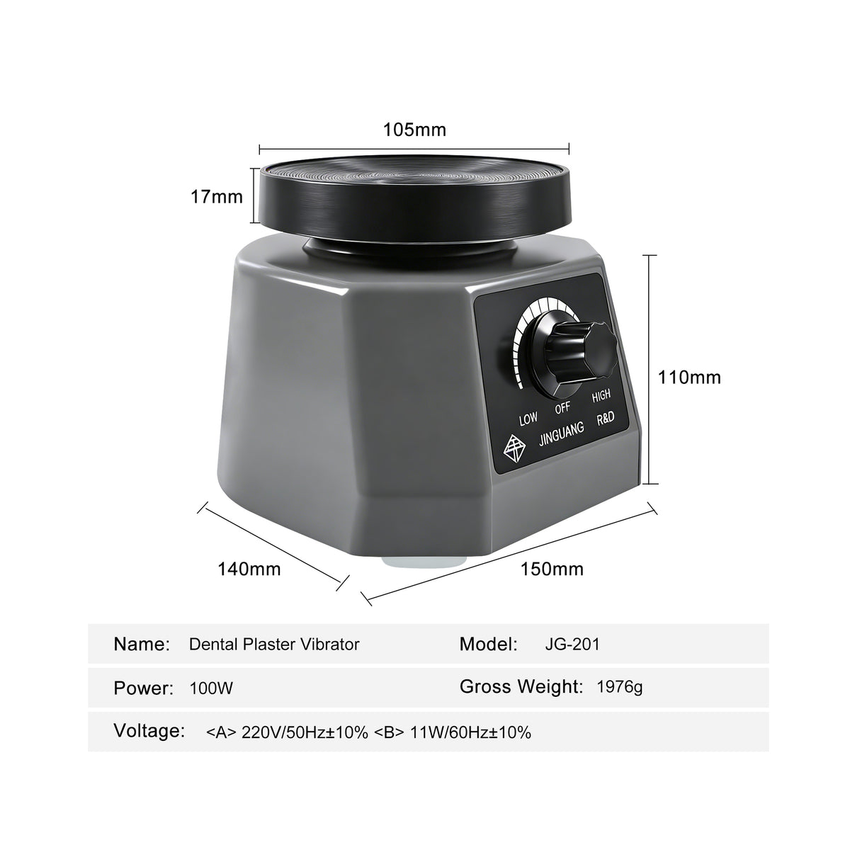 Specification infographic for dental plaster vibrator