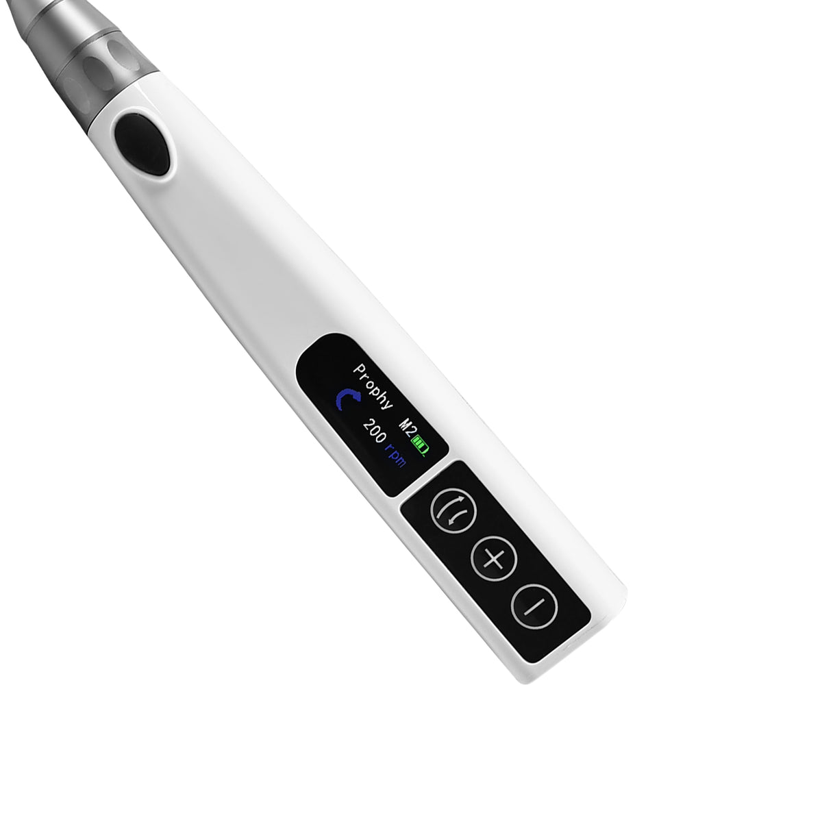 Close‑up digital LCD screen of dental prophy motor