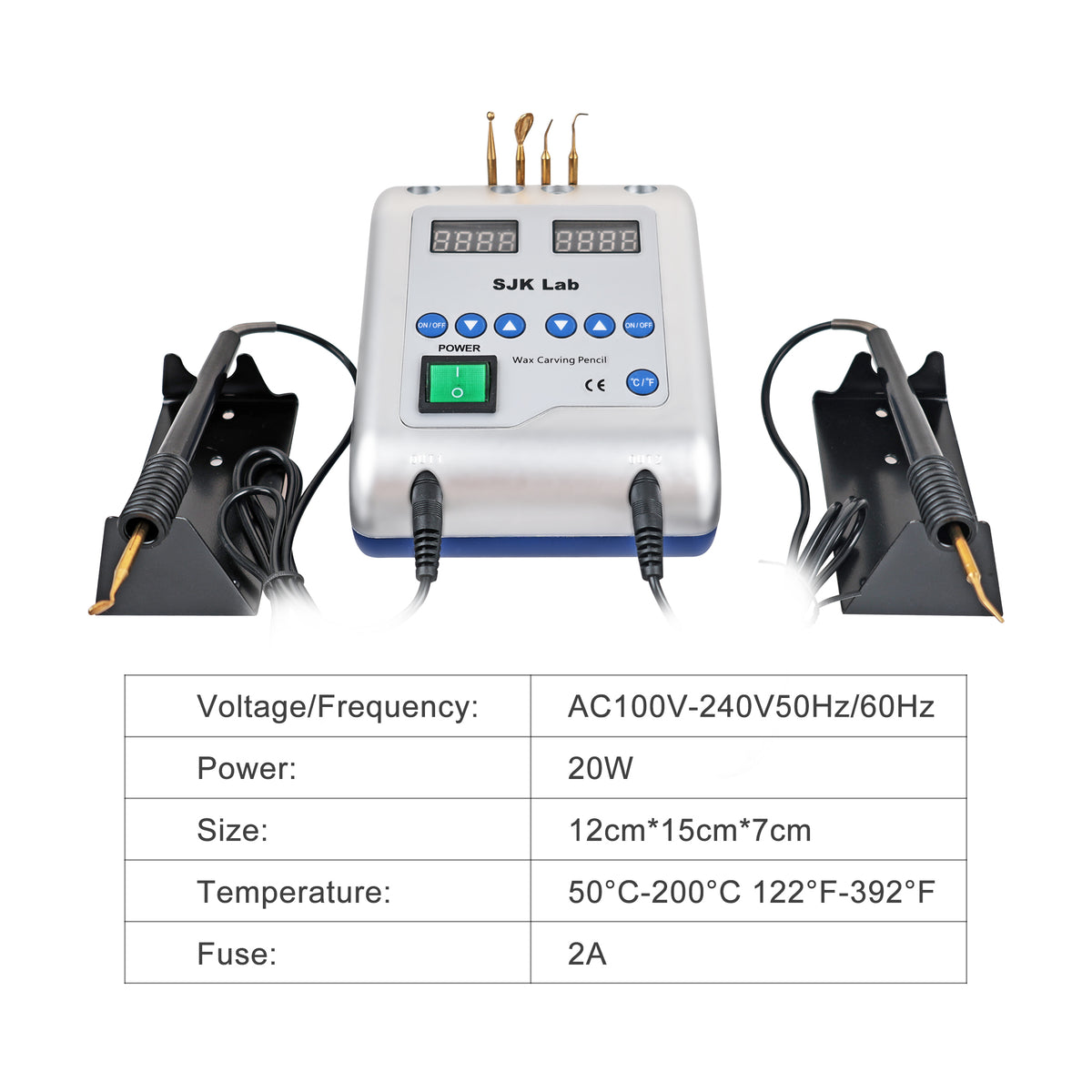 Specification infographic for dental electric wax double‑pen