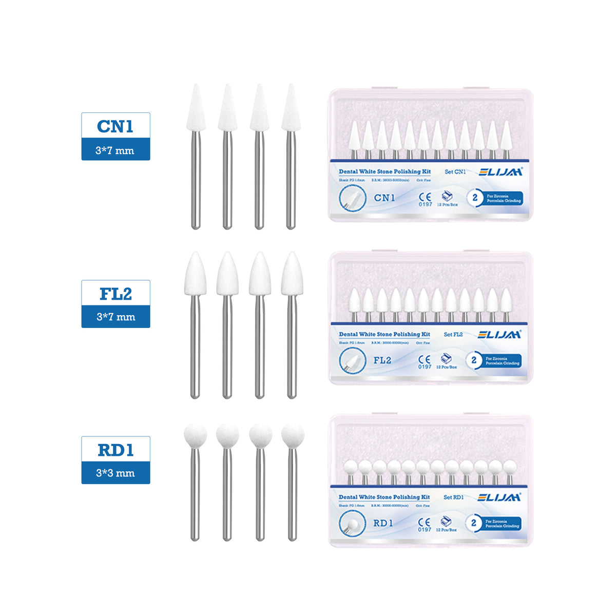 Stacked multiple boxes of dental white stone grinding head kit
