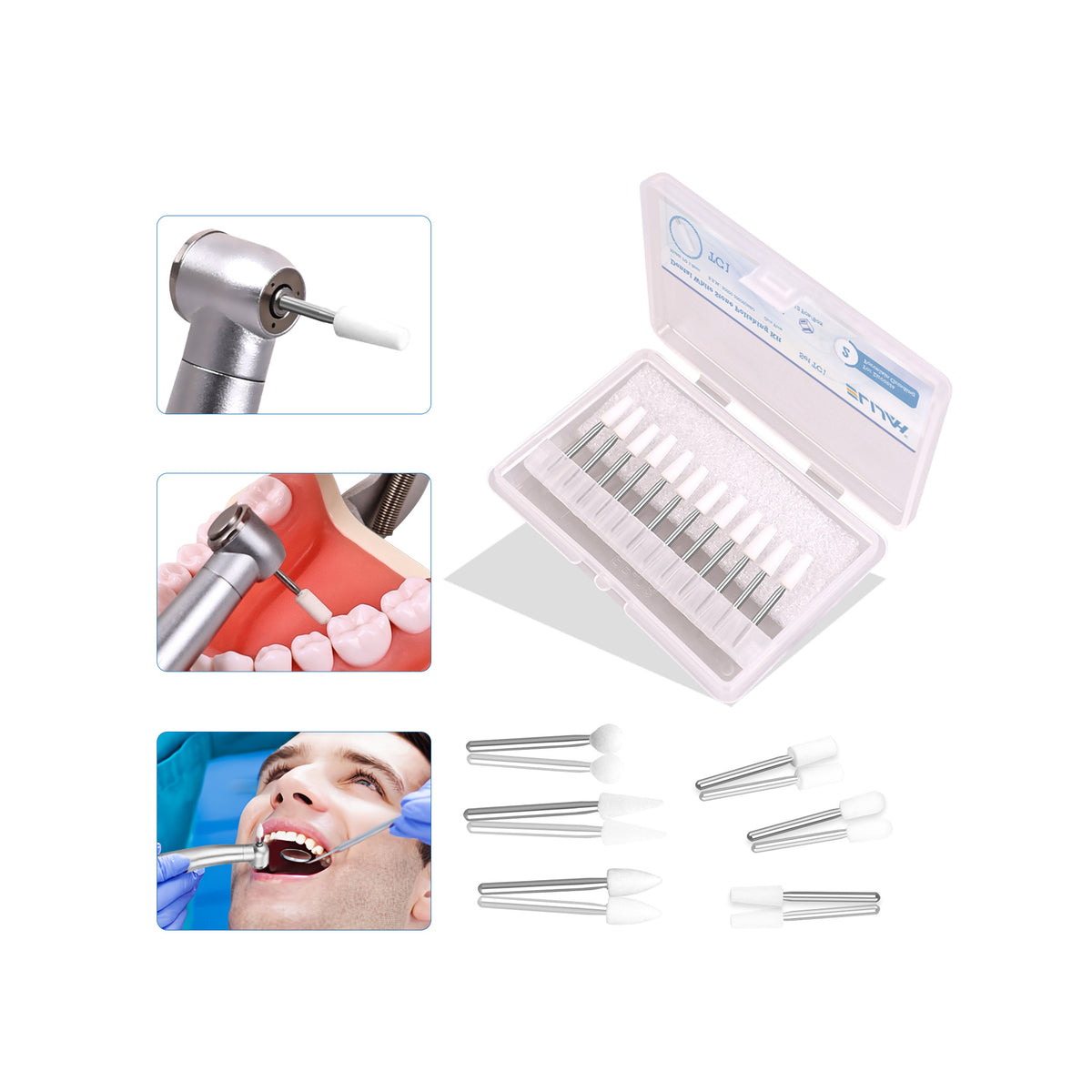 Grinding porcelain teeth with dental white stone grinding head