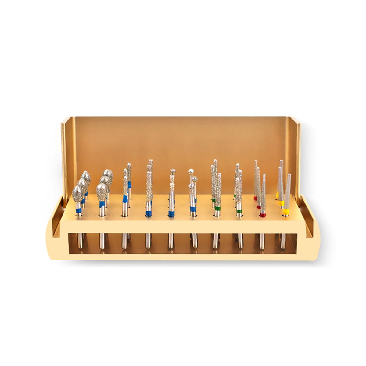 Gold color dental bur block with 30 diamond burs