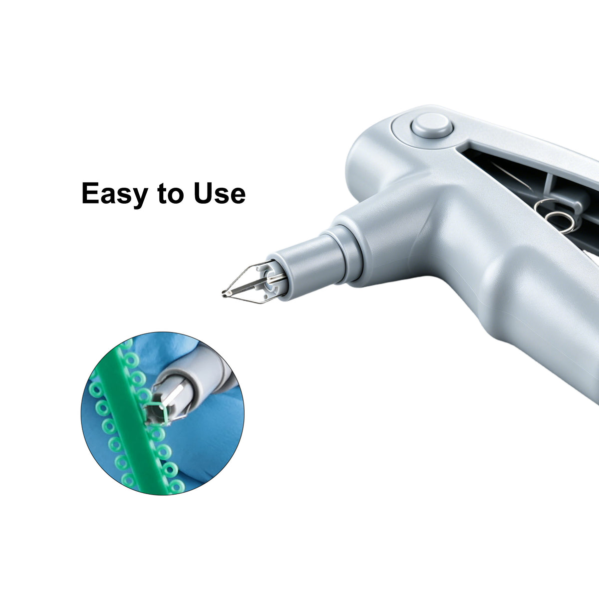 Close-up of stainless steel tip of orthodontic ligature applicator gun