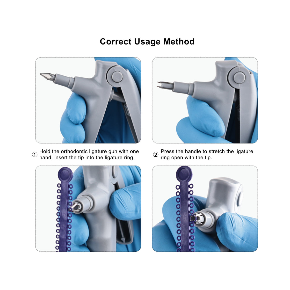 Ligature gun applying ligature tie on bracket intraoral scene