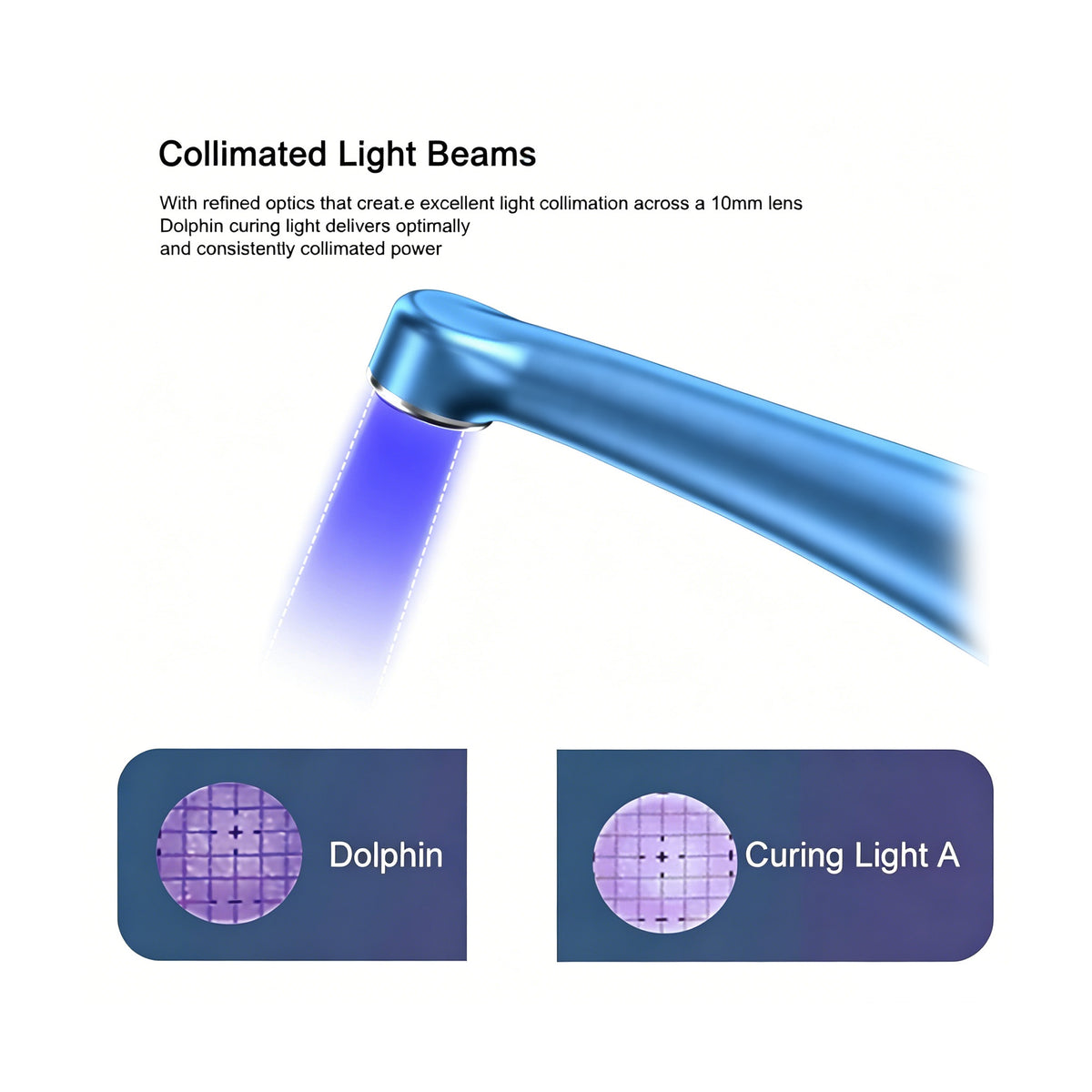 High-intensity blue light curing working status of Mecco Dolphin 2500mW dental curing lamp