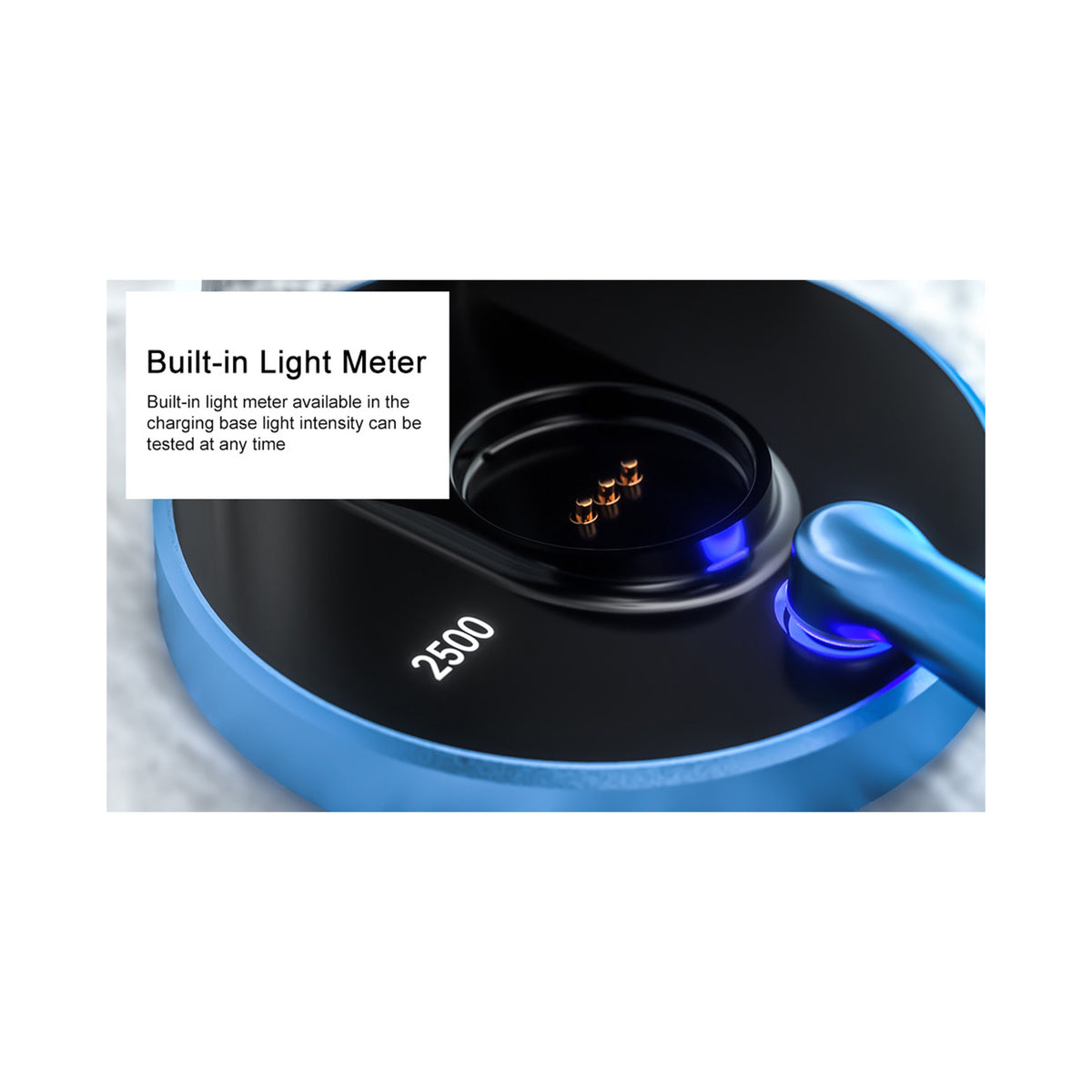 Built-in light meter charging base detail of Mecco Dolphin curing lamp for irradiance calibration