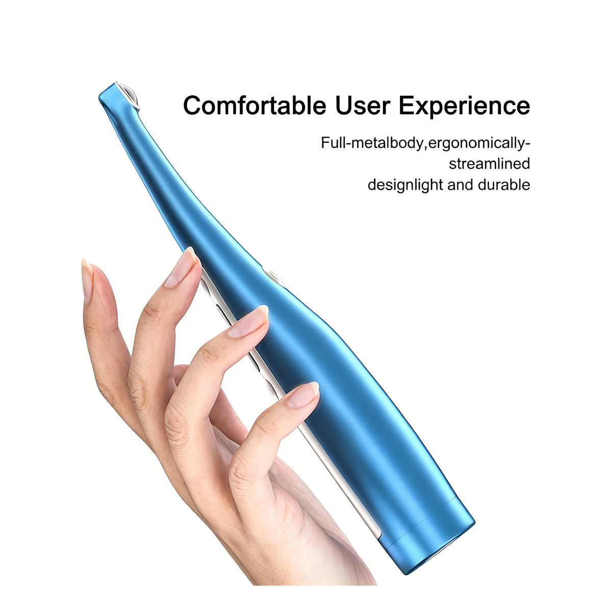 Ergonomic dolphin-shaped side profile of Mecco high-power dental curing light, durable metal body