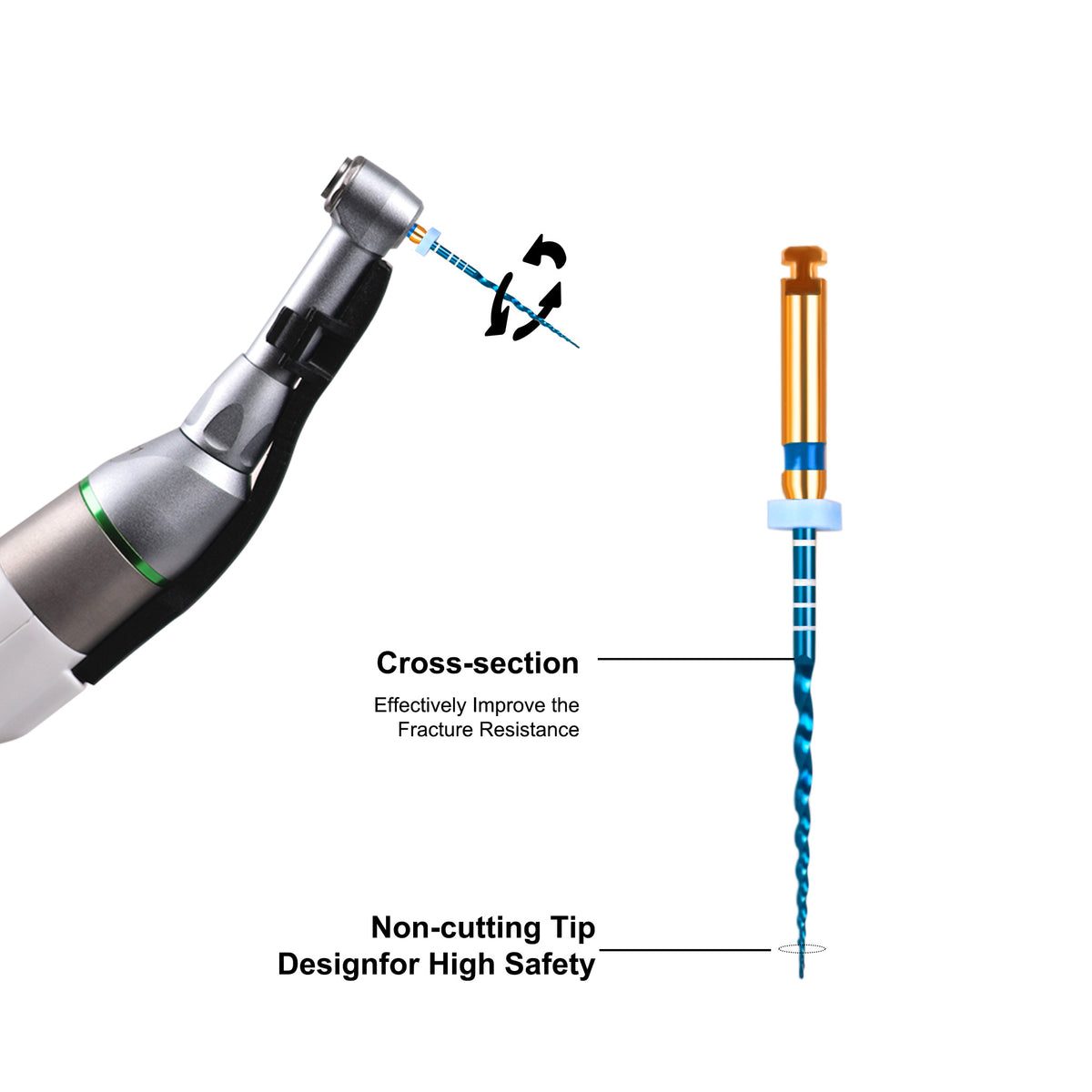 NiTi Blue rotary file installed on dental endodontic motor handpiece