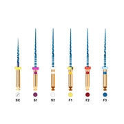NiTi Blue rotary files with color coded silicone stop markers, multiple sizes display