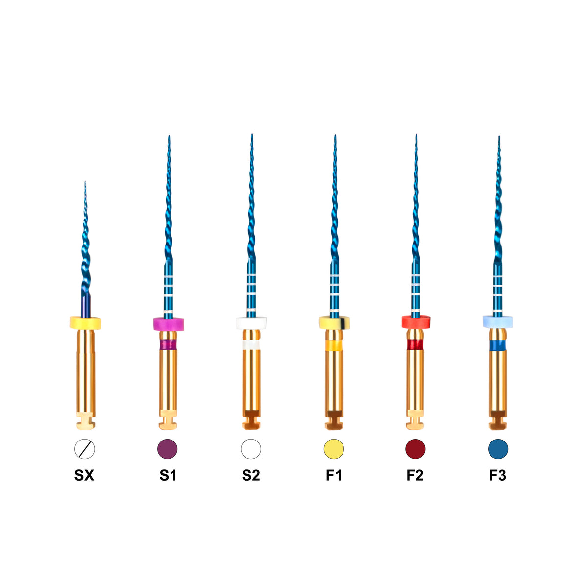 NiTi Blue rotary files with color coded silicone stop markers, multiple sizes display