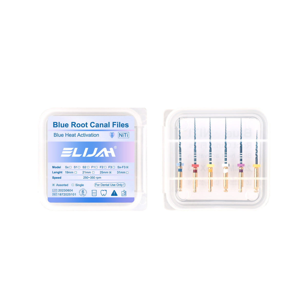 NiTi Blue heat activated rotary endodontic files full set main product on white background