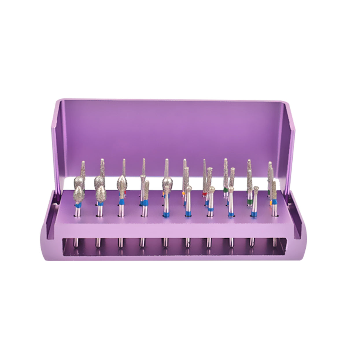 Purple dental bur holder kit with assorted diamond burs