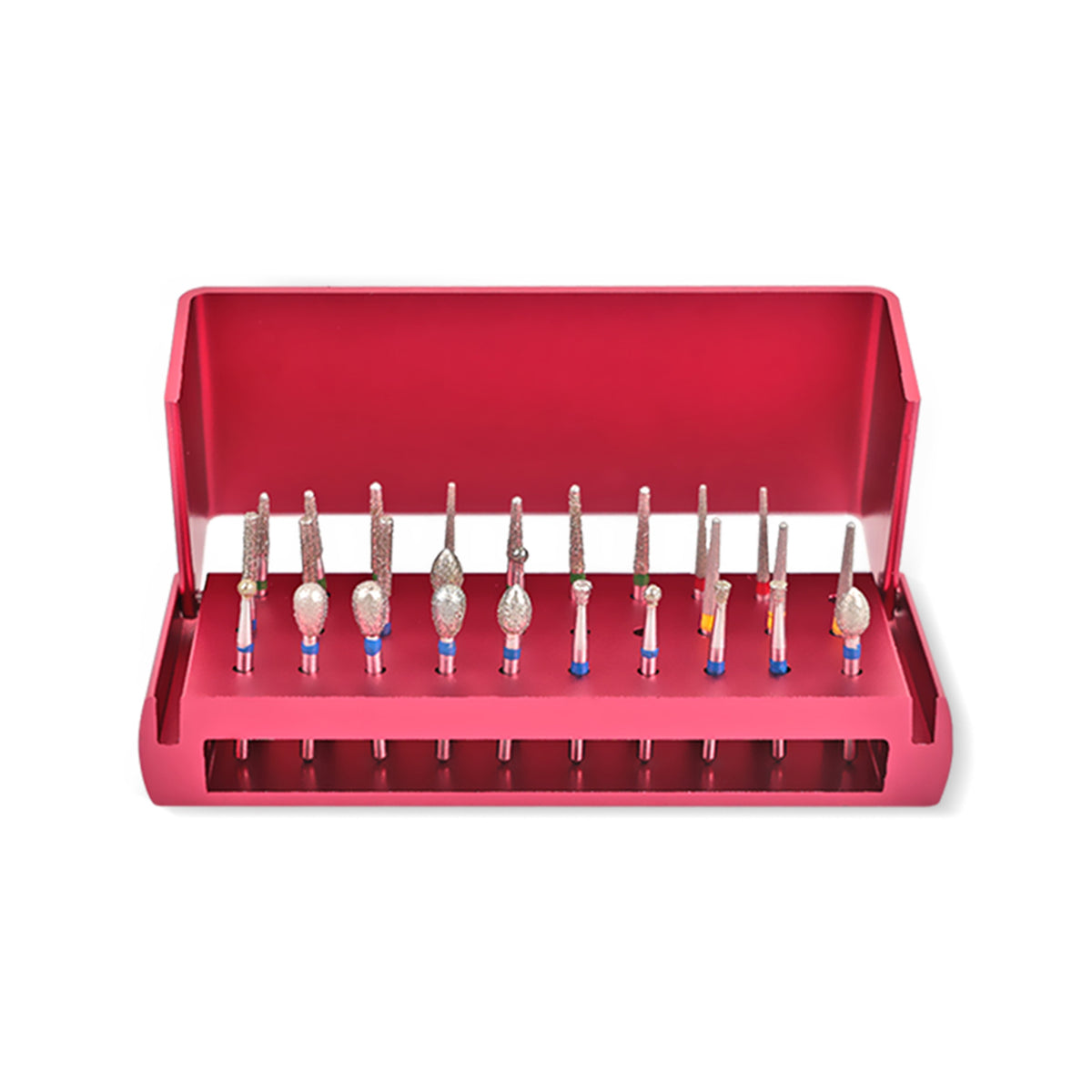 Red aluminum dental bur holder with diamond burs inside