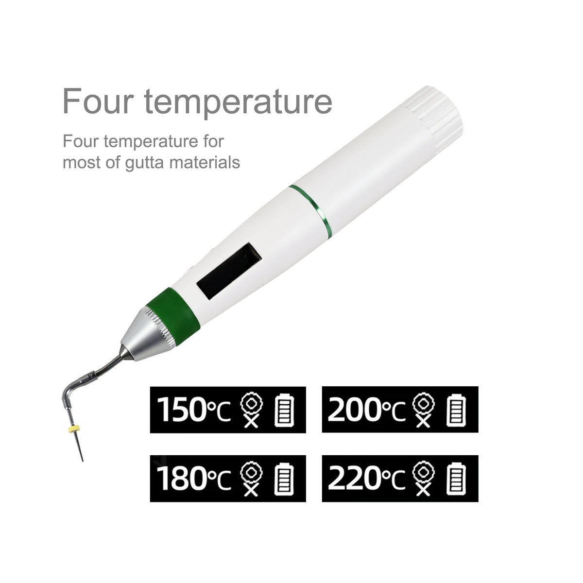 Sima obturation pen LED display screen close‑up showing temperature and battery